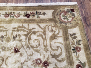Vintage Nepali Tibetan Aubusson Rug 6x9, Wool Hand-Knotted Cream Beige Carpet, Leaves & Floral Pattern 6 x 9 Soft Area Rug Home Office Rug