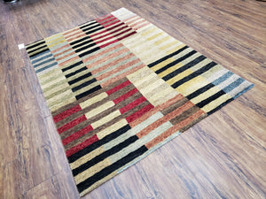 Modern Tibetan Rug 4' x 5' 9", Medium Sized Abstract Handmade Carpet, Hand-Knotted Soft Pile Wool Rug, Multicolor Contemporary Rug, Colorful