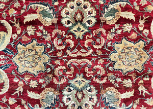 Indo Persian Rug 10x14, Indian Agra Carpet, Vintage Handmade Wool Large Traditional Rug, Dark Red Navy Blue Beige