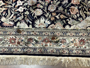 Silk Rug 4x6, Black and Cream, Floral & Bird Pictorials, Fine 330 KPSI, Sino Persian Rug