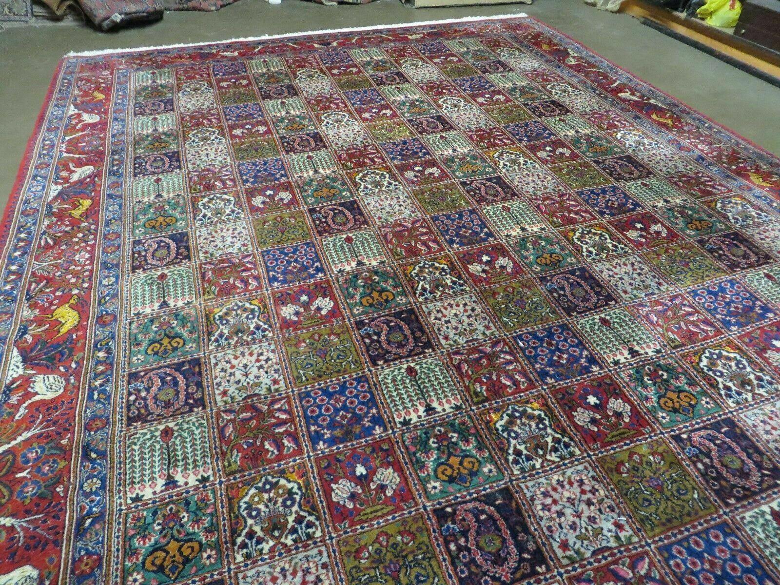 Wonderful Persian Bakhtiari Rug 8x11, Panel Design Animal Pictorials, Handmade Semi Antique Vintage Oriental Carpet, Multicolor Room Sized Wool & Silk