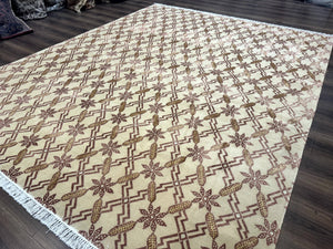Tibetan Rug 8x10, Wool with Silk Highlights, Beige and Maroon, Contemporary Carpet
