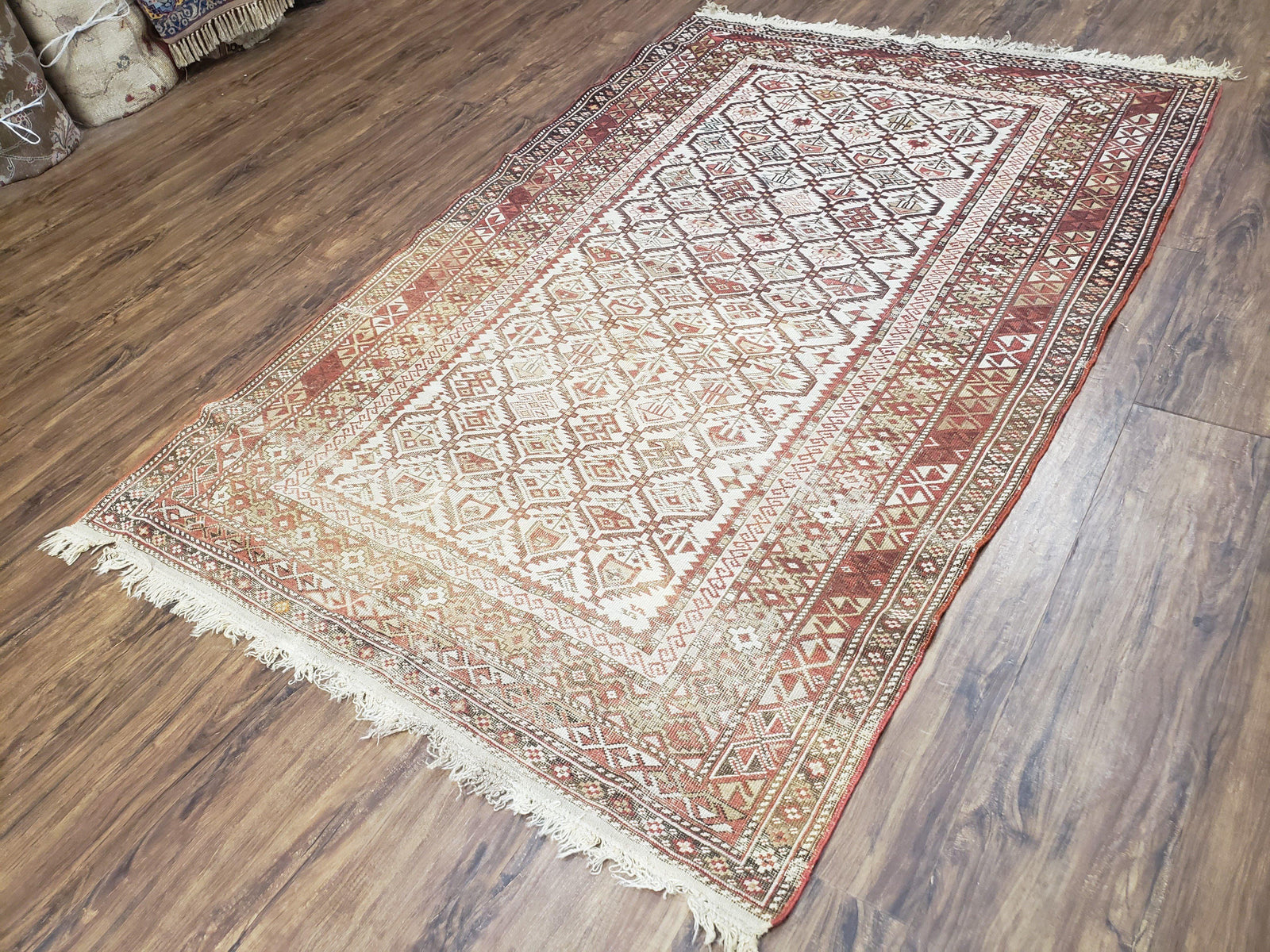 Antique Caucasian Shirvan Rug 4x6, Dagestan Area Rug, Wool Hand-Knotted Soft Red & Ivory 1920s Oriental Carpet, Soft Muted Colors