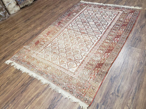 Antique Caucasian Shirvan Rug 4x6, Dagestan Area Rug, Wool Hand-Knotted Soft Red & Ivory 1920s Oriental Carpet, Soft Muted Colors