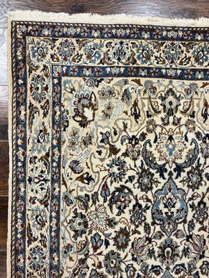 Persian Nain Rug 4x7, Floral Medallion Oriental Carpet 4 x 7 ft, Ivory Persian Rug, Handmade Hand Knotted Vintage, Wool & Silk Highlights, Birds