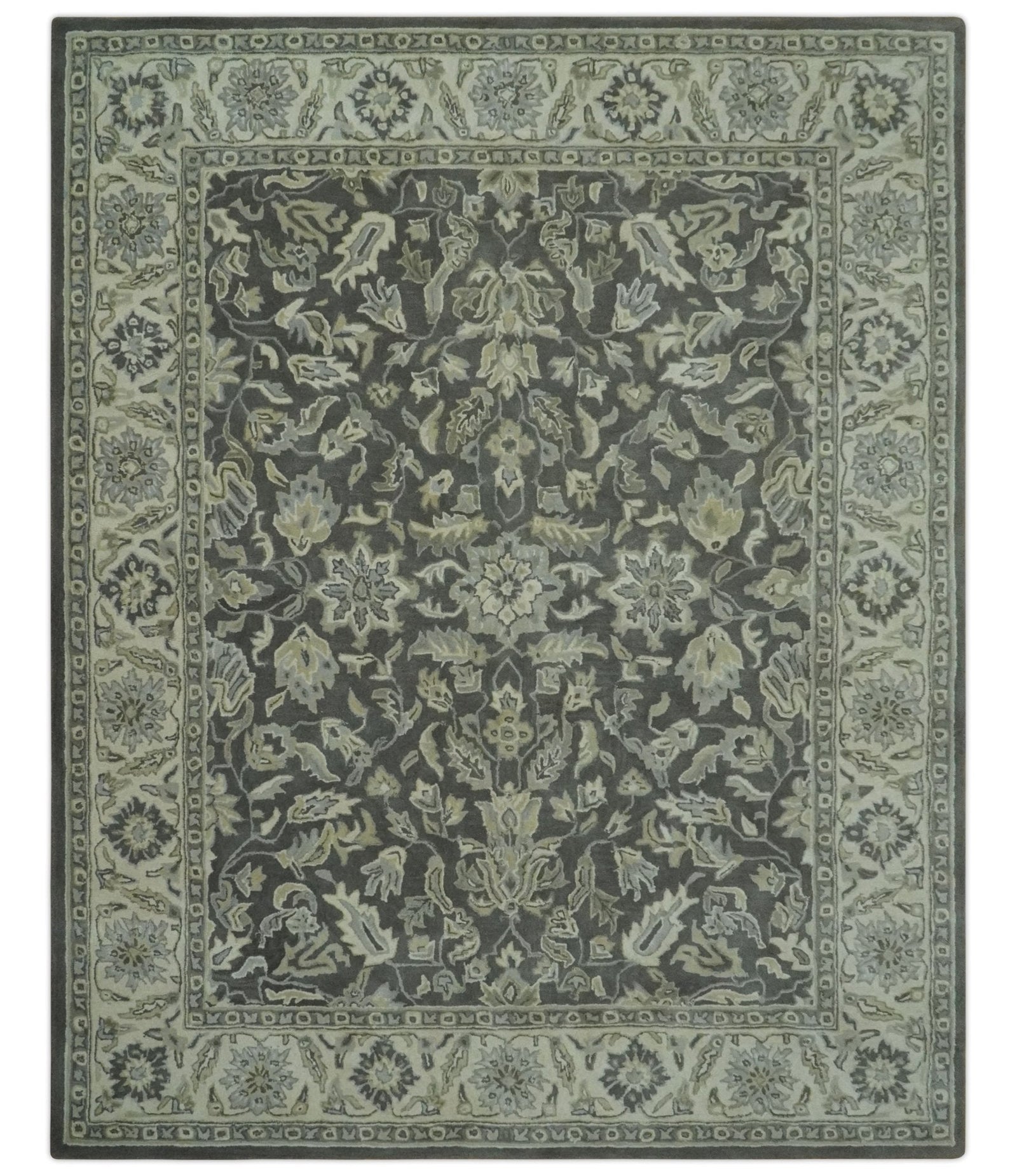 Antique Design 8x10 Charcoal and Beige Traditional Floral Hand Tufted rug