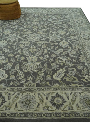 Antique Design 8x10 Charcoal and Beige Traditional Floral Hand Tufted rug