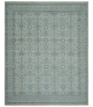 Antique Distress finish Silver, Teal and Brown Hand Knotted Traditional 8x10 wool Rug