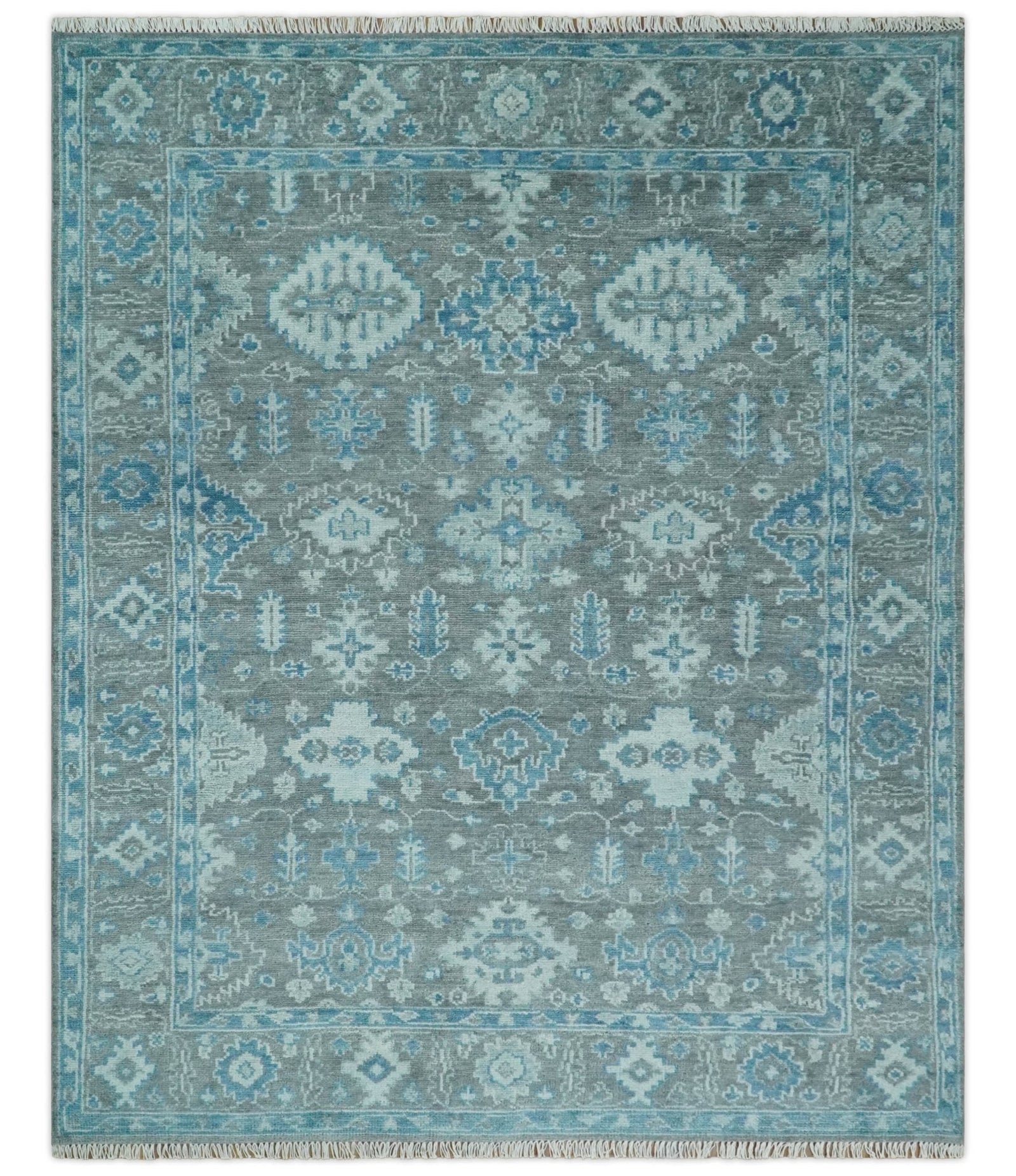 Antique Turkish  Gray and Blue Hand Knotted 8x10 Wool Area Rug
