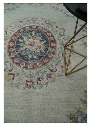 Antique Style Beige and Charcoal Aubusson design Hand Tufted 8x10 wool Area Rug