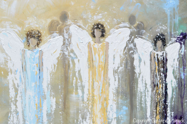 GICLEE PRINT Abstract Angel Painting 3 Guardian Angels Blue Gold Inspi ...