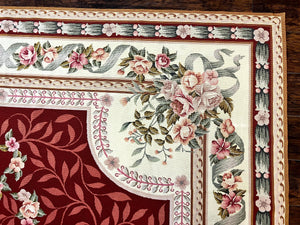 Wonderful Aubusson Rug 9x12, Handmade Vintage Needlepoint Carpet, Red and Ivory, Elegant European Design, Wool
