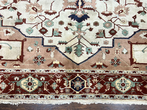 Indo Heriz Rug 9x12, Geometric Indo Persian Room Sized Decorative Area Rug 9 x 12 ft, Cream Navy Blue Pink Handmade Vintage Wool Carpet