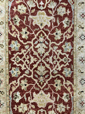 Pakistani Chobi Runner Rug 2.6 x 8, Pak Persian Oriental Rug for Hallway, Maroon Tan-Gold, Handmade Wool 8ft Runner for Hallway, Vintage Rug