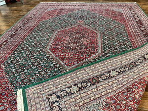 Indo Persian Rug 10x14, Bidjar Rug 10 x 14, Wool Hand Knotted Vintage Carpet, Red & Green Herati Pattern, Large Room Sized Oriental Rug