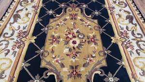 Nepal Rug 6x9, Nepalese Aubusson Area Rug 6 x 9, Hand-Knotted Wool Soft Pile Black & Beige Tibetan Aubusson New Carpet European Savonnerie