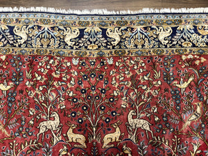 Persian Qum Rug 9x12, Animal Pictorials, Deer Birds, Tree of Life, Red and Navy Blue