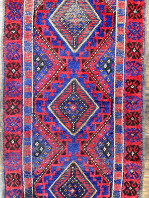 Turkoman Runner Rug 2 x 8.6, Skinny Runner, Handmade Wool Carpet for Hallway, Red and Blue, Wool, Vintage 8ft Runner