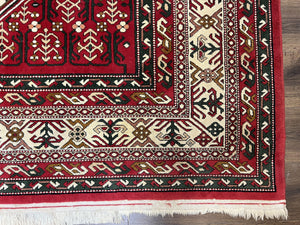 Wool Kazak Pattern Rug 7x10, Geometric Pakistani Hand Knotted Carpet, Large Medallion, Red Cream Dark Green, Room Sized Vintage Oriental Rug