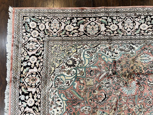 Indian Kashmiri Silk Rug 9x12, Vintage Rug 9 x 12 ft, Salmon Ivory Black Hand-Knotted Silk on Cotton Oriental Floral Carpet, Traditional Rug