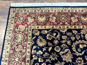 Indo Persian Rug 8x10, Navy Blue and Red, Floral Allover, Hand Knotted Vintage Wool Carpet, Indo Sarouk