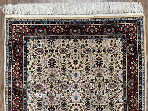 Fine Sino-Persian Silk Rug 3x5, High Quality Silk Carpet, Handmade Small Silk Rug, Allover Repeated Motif, Tan Maroon Blue Vintage Silk Rug