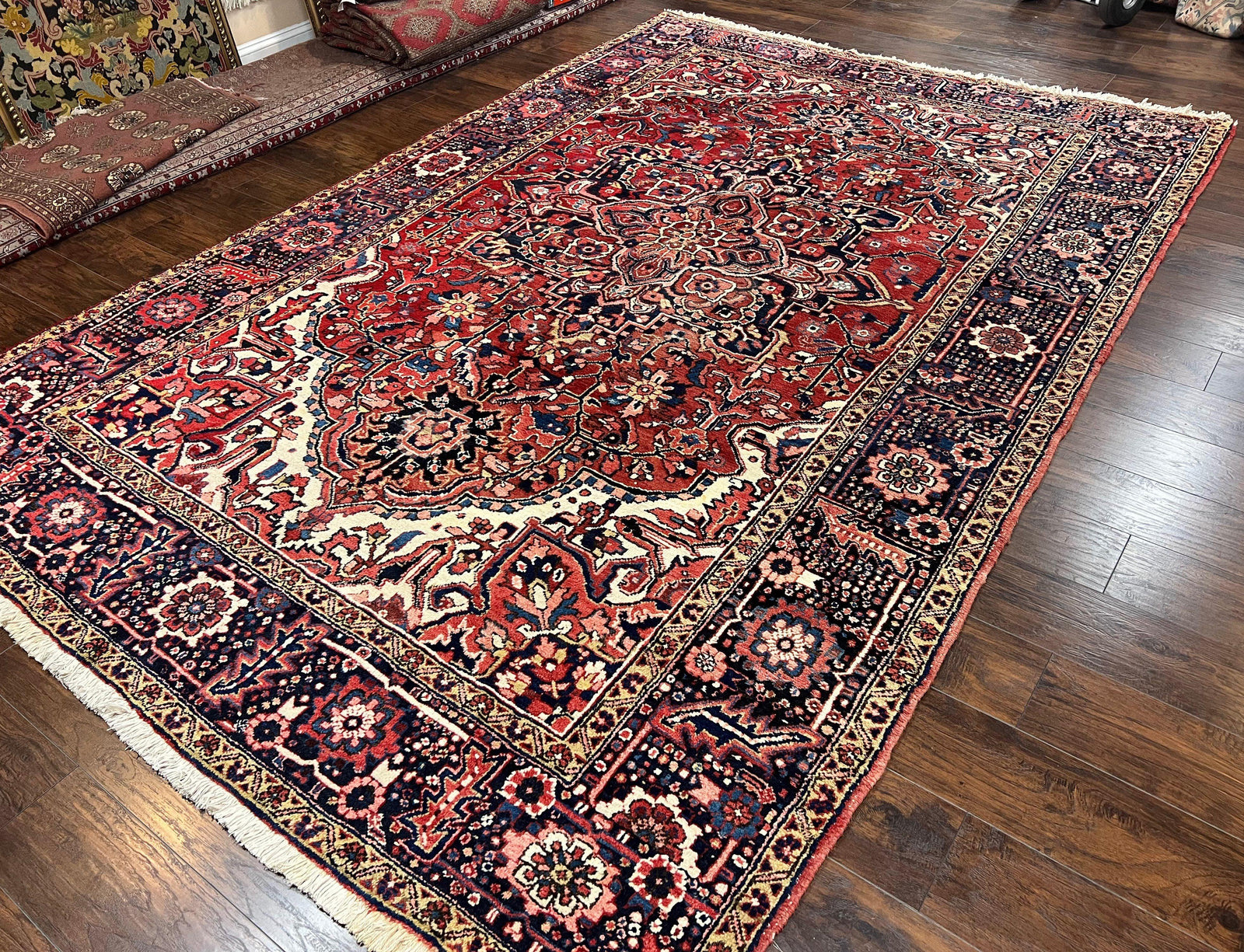 Persian Heriz Rug 8x12, Vintage Geometric Medallion Carpet, Semi Antique Wool Handmade Room Sized Oriental Rug 8 x 12, Red Dark Blue Ivory
