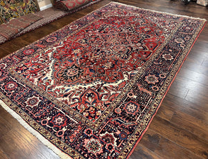 Persian Heriz Rug 8x12, Vintage Geometric Medallion Carpet, Semi Antique Wool Handmade Room Sized Oriental Rug 8 x 12, Red Dark Blue Ivory