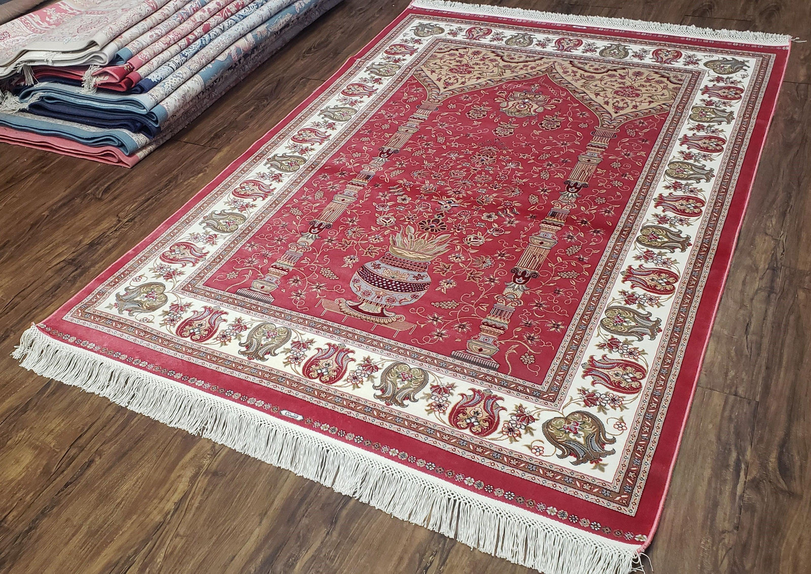 4 x 6 Silk Carpet Red, Traditional Oriental Rug 4x6, Flower Vase Columns, Turkish Rug New, High Quality, Bamboo Silk, Area Rug