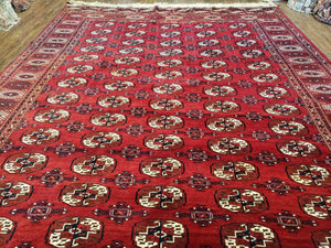 Persian Turkoman Rug 8 x 12.5, Bokhara Turkoman Carpet, Fine Oriental Rug, Vintage Wool Handmade Area Rug, Red Black Cream, Room Sized