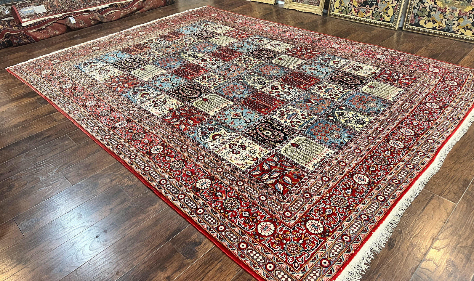 Persian Qum Rug 9x13, Multicolor Panel Design, Red Blue Cream, Hand Knotted Vintage Large Wool Rug