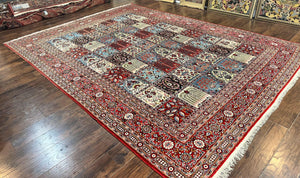 Persian Qum Rug 9x13, Multicolor Panel Design, Red Blue Cream, Hand Knotted Vintage Large Wool Rug