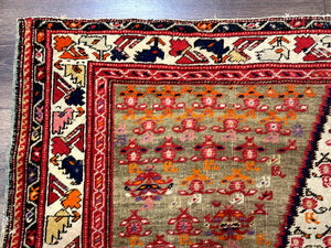 Antique Persian Malayer Rug 4x7, Tribal Senneh Carpet, Geometric, Diamond Design