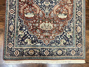 Pak Persian Rug 5x7, Wool Hand Knotted Vintage Carpet, Floral Medallion Rug, Brick Red & Navy Blue, Fine Weave, Medium Sized Rug