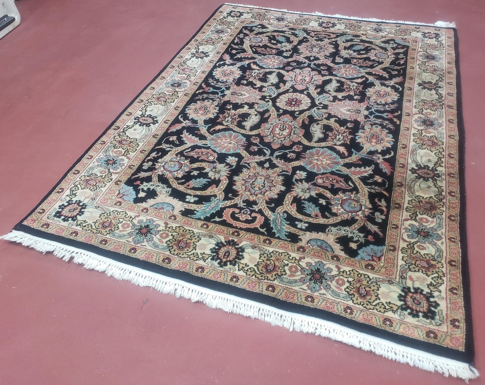 Vintage Indo Persian Mahal Area Rug 4x6, Wool Hand-Knotted Midnight Blue & Ivory Floral Design Indian Carpet, 4 x 6 Traditional Oriental Rug