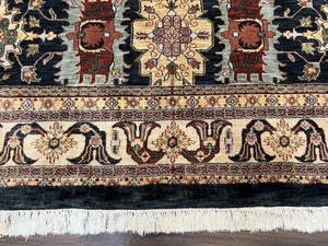 Indo Persian Mahal Rug 9x12, Dark Green and Cream Hand Knotted Wool Oriental Carpet, Floral Allover, Vintage Traditional Handmade Room Sized