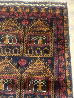 Afghan Rug 3x7, Navy Blue, Tribal Rug, Balouch Carpet, New