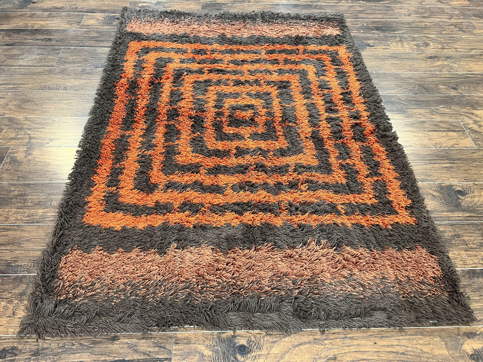 Vintage Rya Shag Rug 4.6 x 6.6, Abstract Design, Brown and Orange, Mid Century Danish Rya Carpet