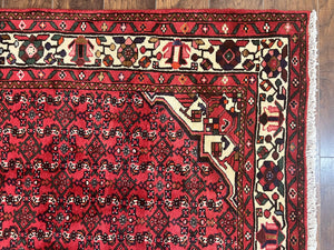Persian Tribal Rug 7x10, Wool Handmade Semi Antique Vintage Hamadan Dargazine Carpet, Red & Ivory Allover Floral Medallion Rug, 7 x 10 Room Sized Oriental Rug
