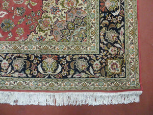 Persian Tabriz Rug 7x10, Floral Medallion Finely Hand Knotted Vintage Authentic Oriental Carpet 7 x 10, Salmon Color, 400 KPSI Elegant, Wool & Silk