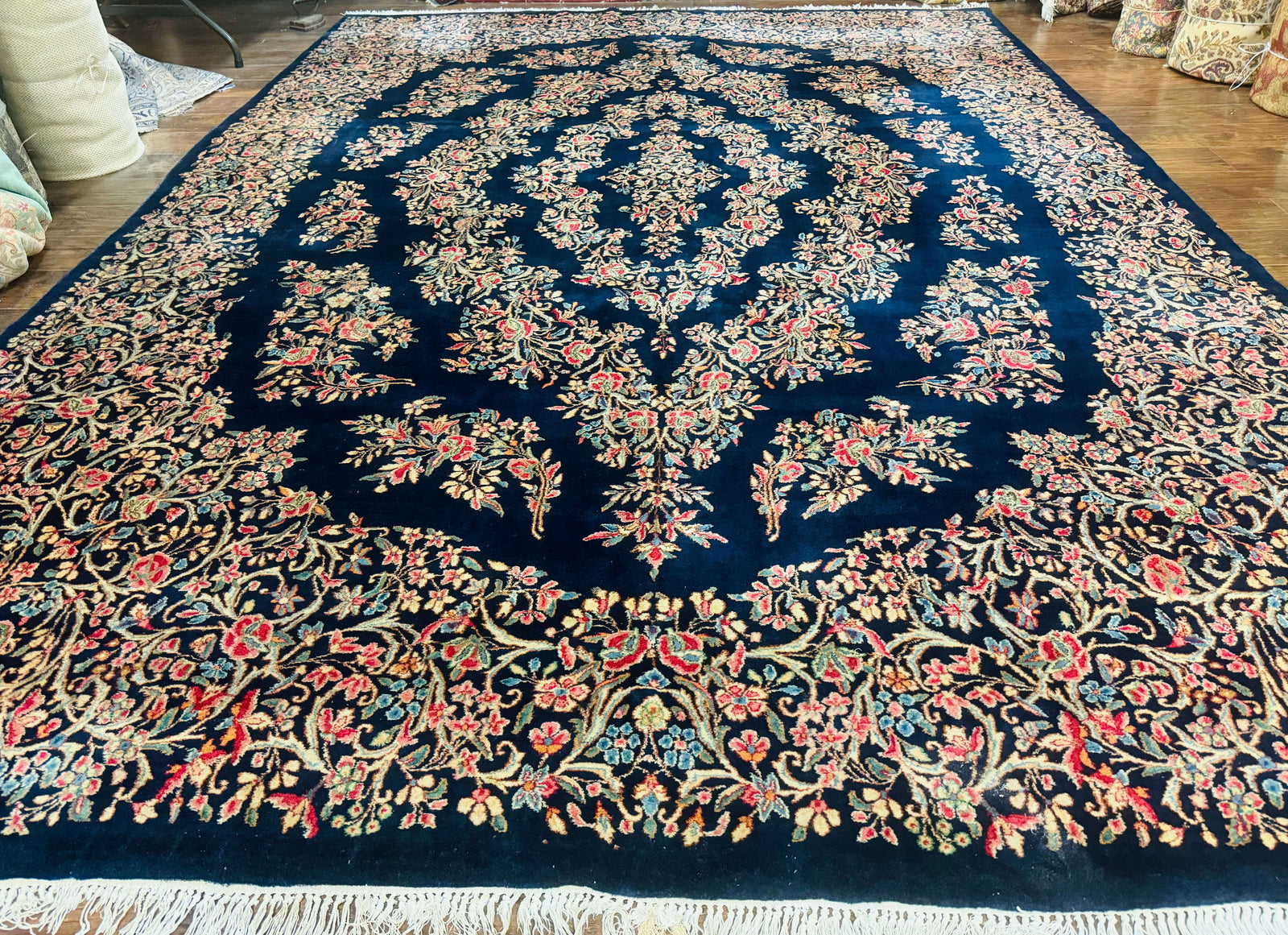 Antique Persian Kerman Rug 10x13, Navy Blue Floral Carpet, Fine 270 KPSI