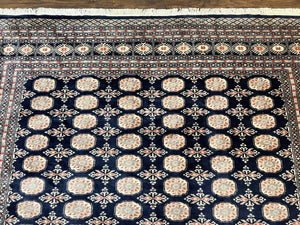 Pakistani Bokhara Rug 8x10, Turkoman Carpet, Dark Blue and Beige, Vintage Handmade Wool Carpet