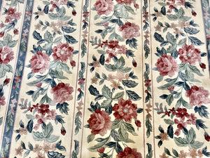 Chinese Wool Rug 8x11, Vintage 1960s Carpet, Cream and Teal, Floral Garden Panel, 8 x 11 ft Area Rug, Soft Handmade Room Sized 120 Line Rug