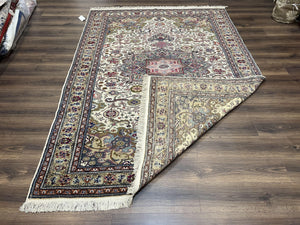 Turkish Sivas Rug 7x9, Vintage Wool Hand-Knotted Carpet, Ivory Cream Purple Tan, Floral Medallion Rug, Fine Oriental Carpet, Medium Size Rug