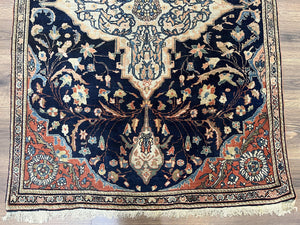 Antique Persian Rug 3.5 x 5, Sarouk Farahan Rug, High Quality 1920s Fine Oriental Carpet 3 x 5 ft, Large Medallion, Floral, Navy Blue Red, Hand Knotted Wool Rug