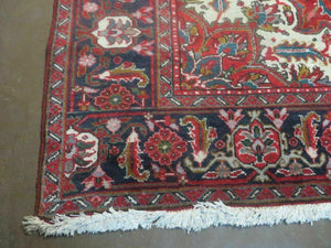 Persian Heriz Rug 7.5 x 10, Room Sized Heriz Ahar Carpet, Semi Antique Vintage Floral Large Medallion Rug, Red and Navy Blue, Hand Knotted Wool Rug