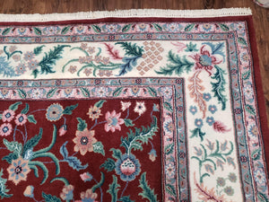Indo Persian Rug 7.9 x 9.9 ft, Room Sized Indian Carpet, Wool Handmade Vintage Rug, Allover Floral Rug, Traditional Rug, Red Ivory Blue 8x10
