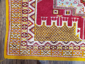 Vintage Moroccan Rug 6x10, Red and Yellow Moroccan Carpet, Handmade Bohemian Tribal Area Rug, Hand-Knotted 1970s Wool Rug, Medalions