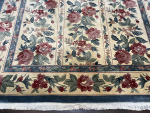 Chinese Wool Rug 8x11, Vintage 1960s Carpet, Cream and Teal, Floral Garden Panel, 8 x 11 ft Area Rug, Soft Handmade Room Sized 120 Line Rug