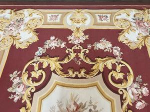 Aubusson Rug 9x12, Red Ivory Gold Tan, Handmade Hand Woven Aubusson Savonnerie Carpet, Vintage Flatweave Room Sized Aubusson Area Rug 9 x 12
